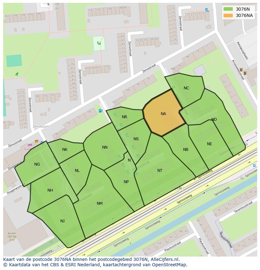 Afbeelding van het postcodegebied 3076 NA op de kaart.