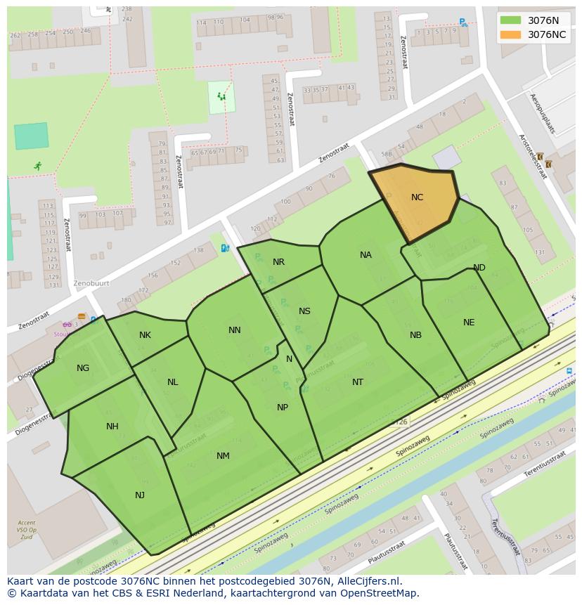 Afbeelding van het postcodegebied 3076 NC op de kaart.