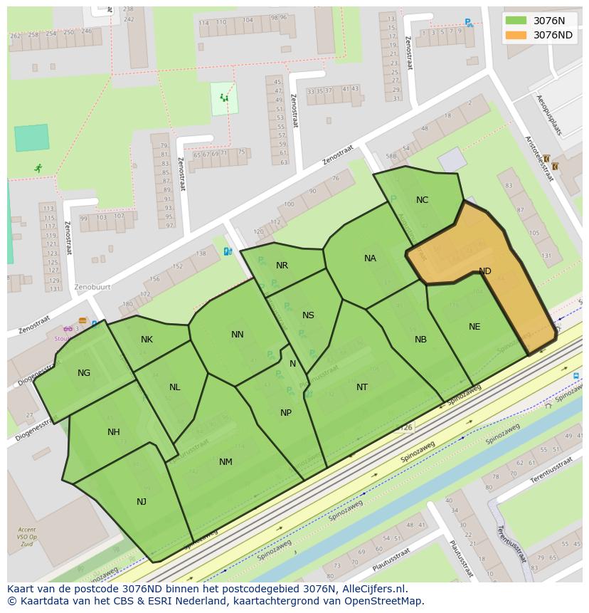 Afbeelding van het postcodegebied 3076 ND op de kaart.