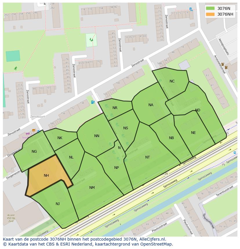 Afbeelding van het postcodegebied 3076 NH op de kaart.