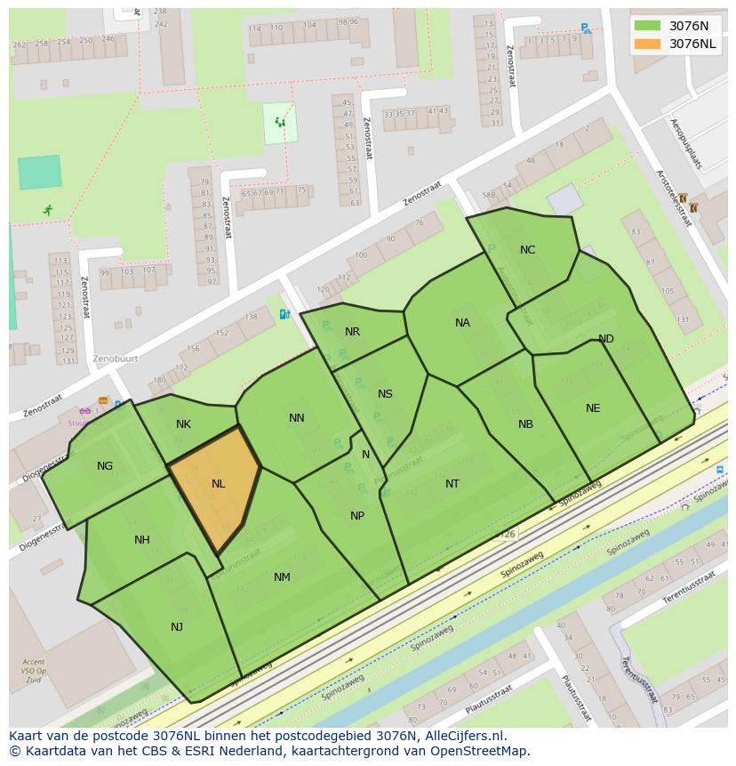 Afbeelding van het postcodegebied 3076 NL op de kaart.