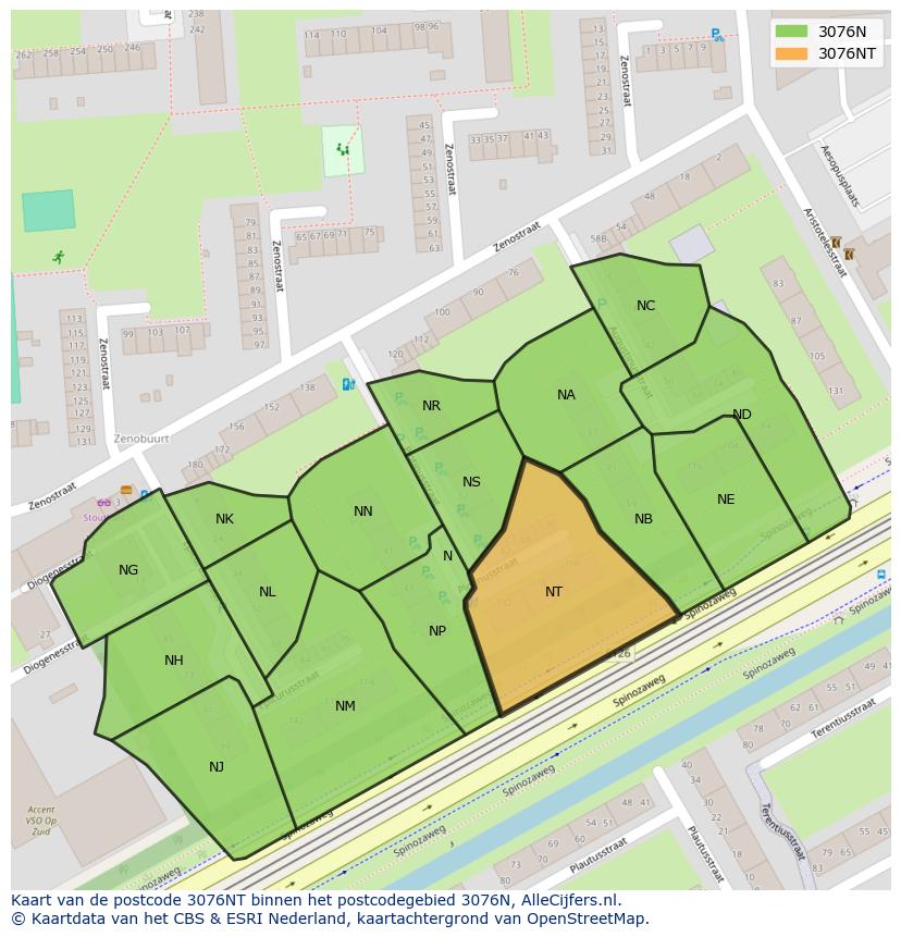 Afbeelding van het postcodegebied 3076 NT op de kaart.