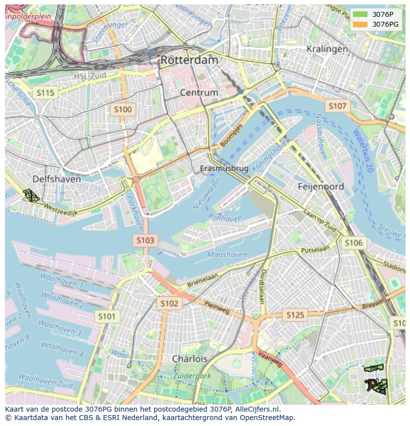 Afbeelding van het postcodegebied 3076 PG op de kaart.