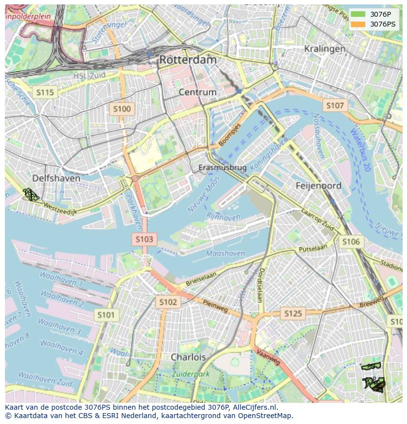 Afbeelding van het postcodegebied 3076 PS op de kaart.