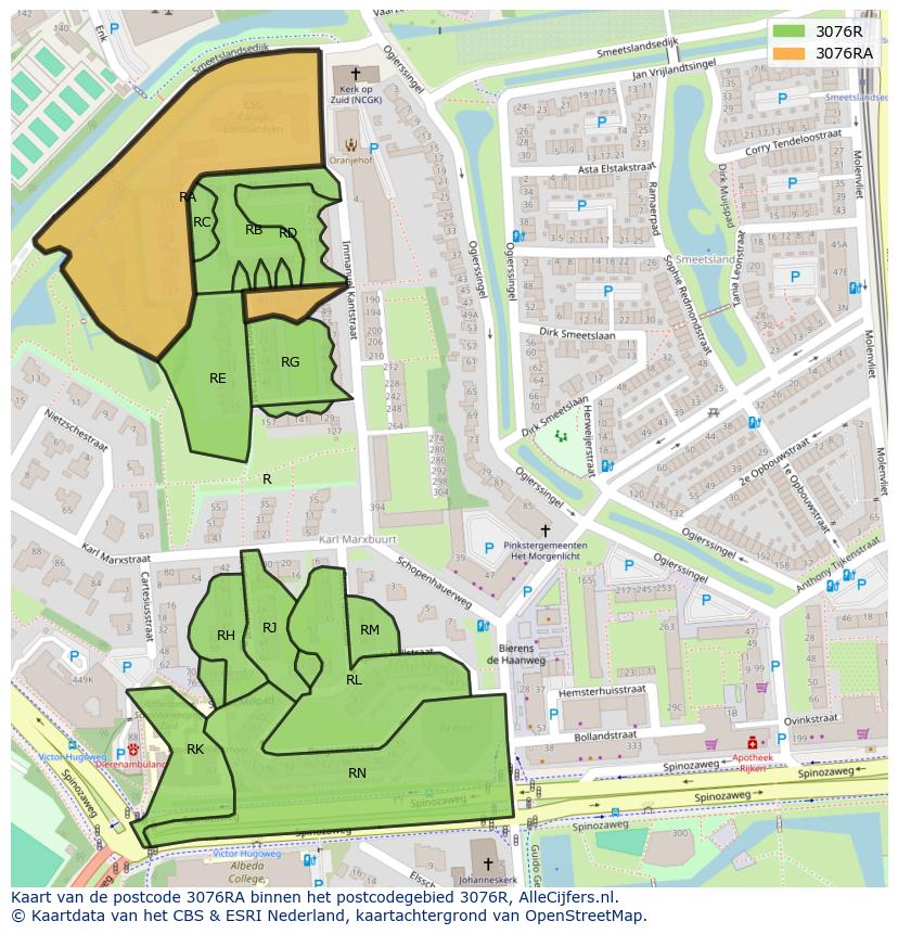 Afbeelding van het postcodegebied 3076 RA op de kaart.