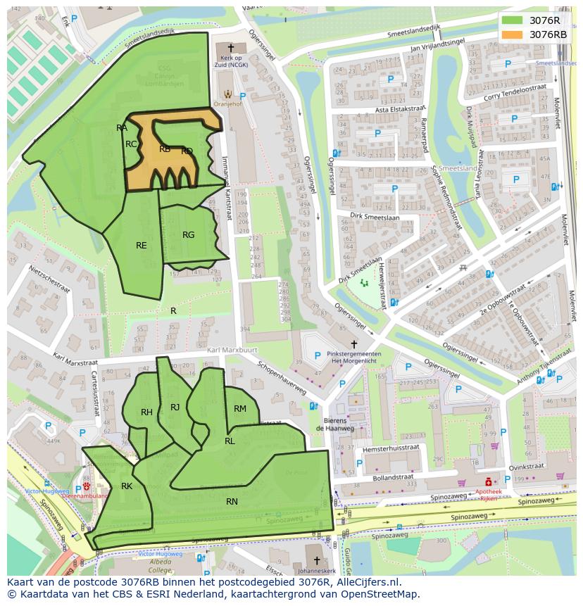 Afbeelding van het postcodegebied 3076 RB op de kaart.