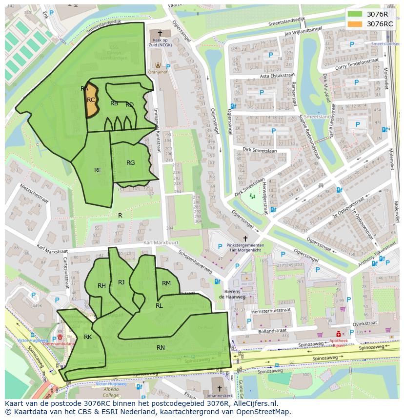 Afbeelding van het postcodegebied 3076 RC op de kaart.