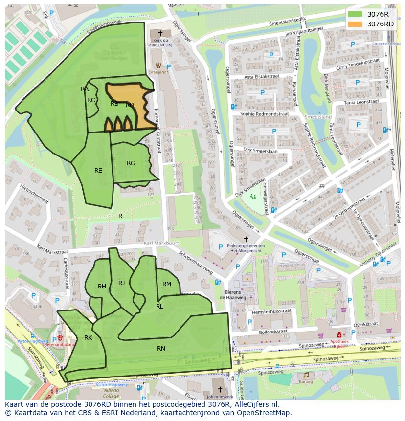 Afbeelding van het postcodegebied 3076 RD op de kaart.