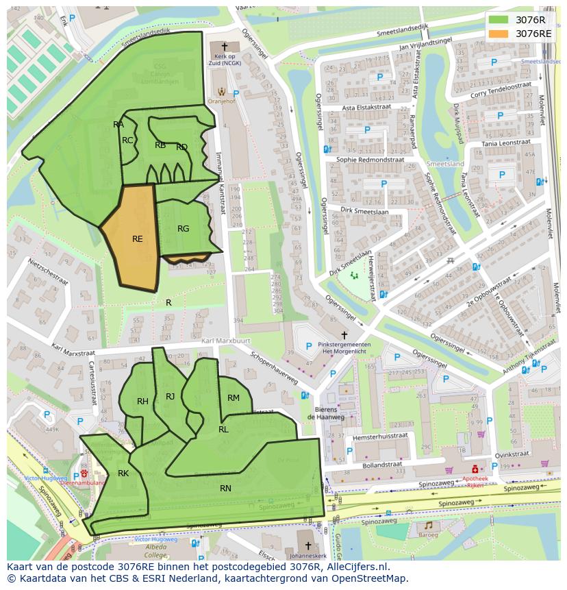 Afbeelding van het postcodegebied 3076 RE op de kaart.