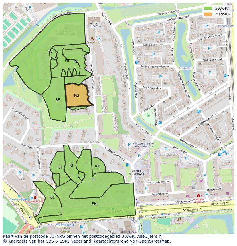 Afbeelding van het postcodegebied 3076 RG op de kaart.