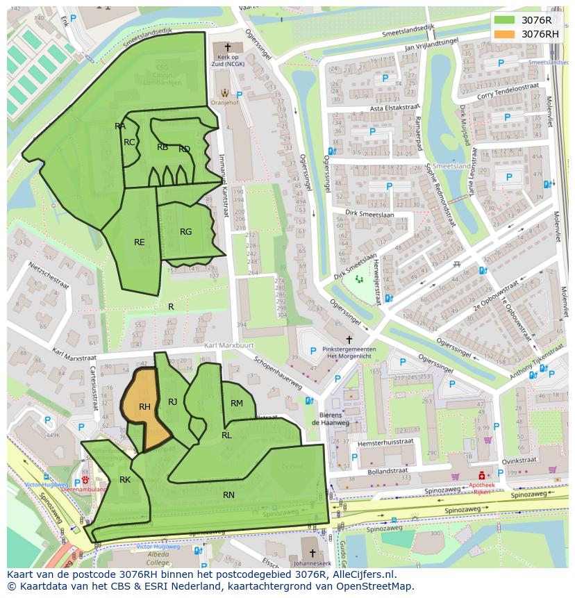 Afbeelding van het postcodegebied 3076 RH op de kaart.