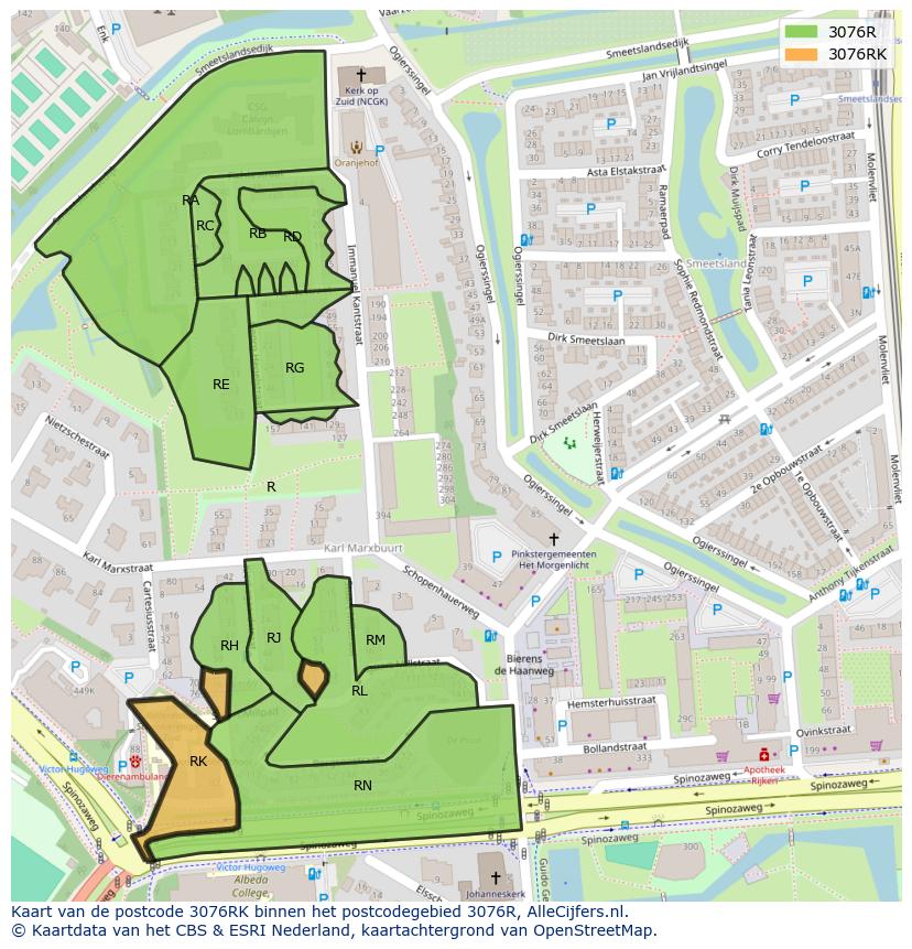 Afbeelding van het postcodegebied 3076 RK op de kaart.