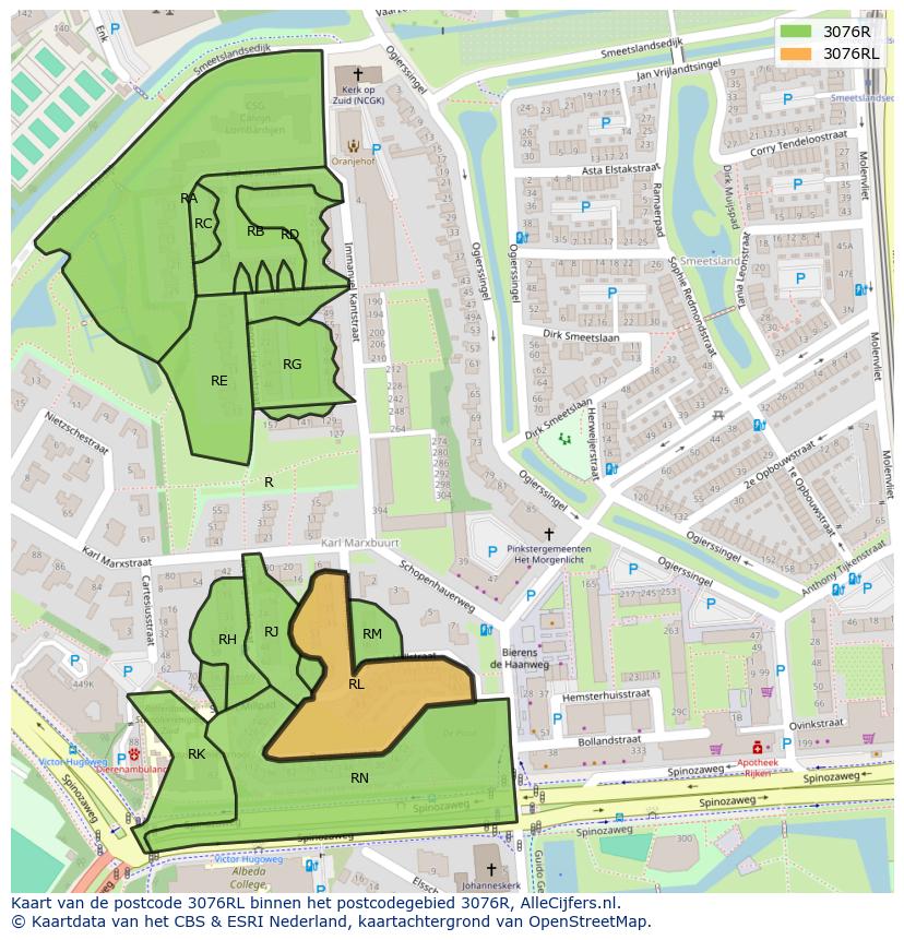 Afbeelding van het postcodegebied 3076 RL op de kaart.