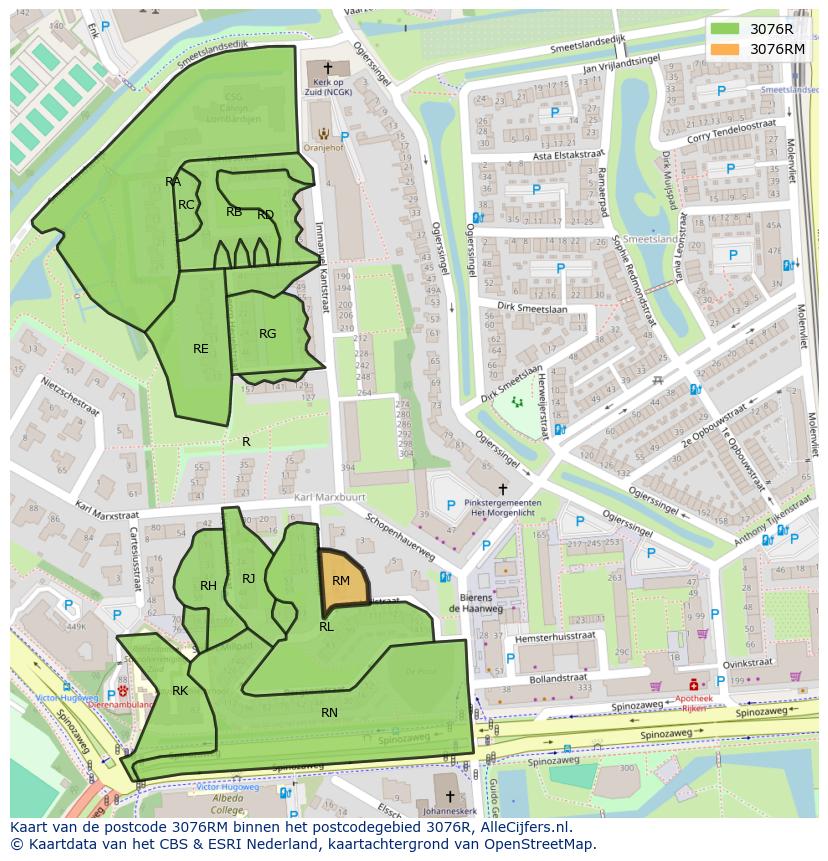 Afbeelding van het postcodegebied 3076 RM op de kaart.