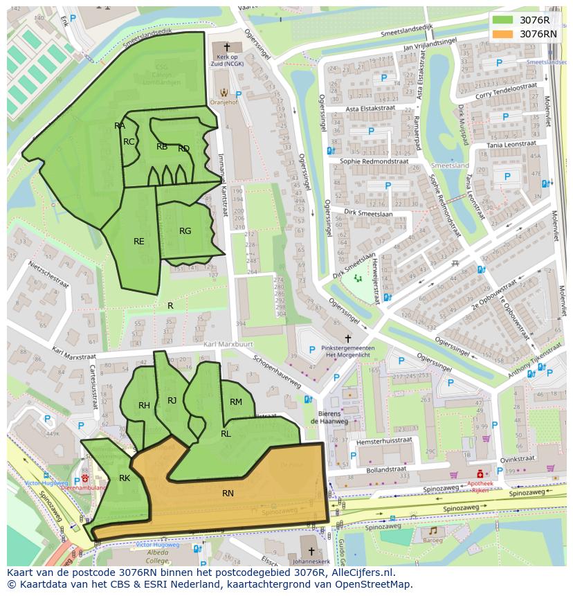 Afbeelding van het postcodegebied 3076 RN op de kaart.