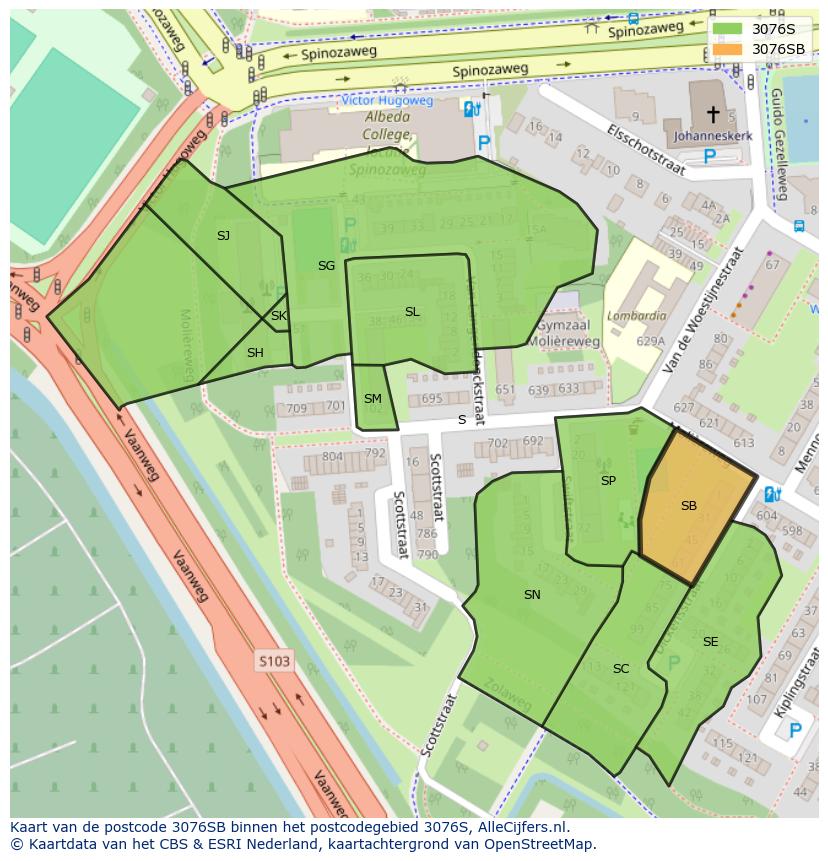 Afbeelding van het postcodegebied 3076 SB op de kaart.