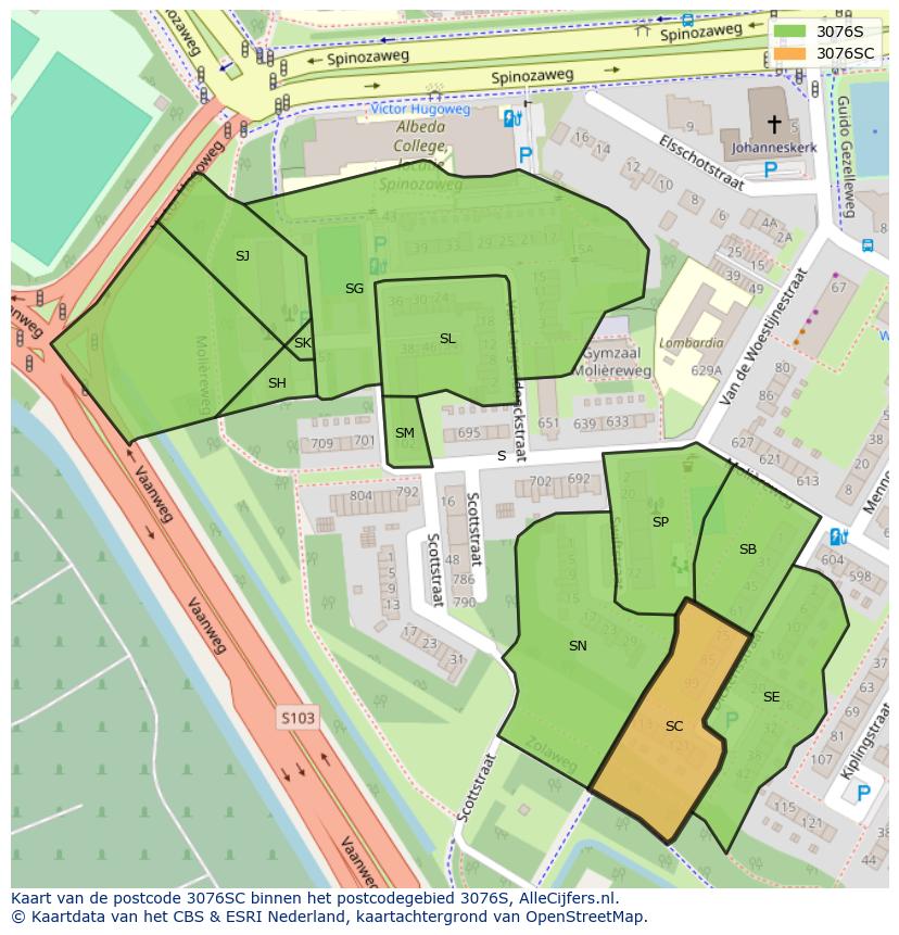 Afbeelding van het postcodegebied 3076 SC op de kaart.