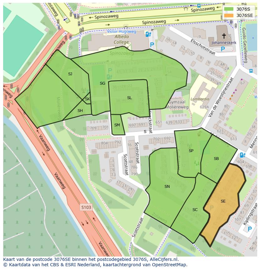 Afbeelding van het postcodegebied 3076 SE op de kaart.
