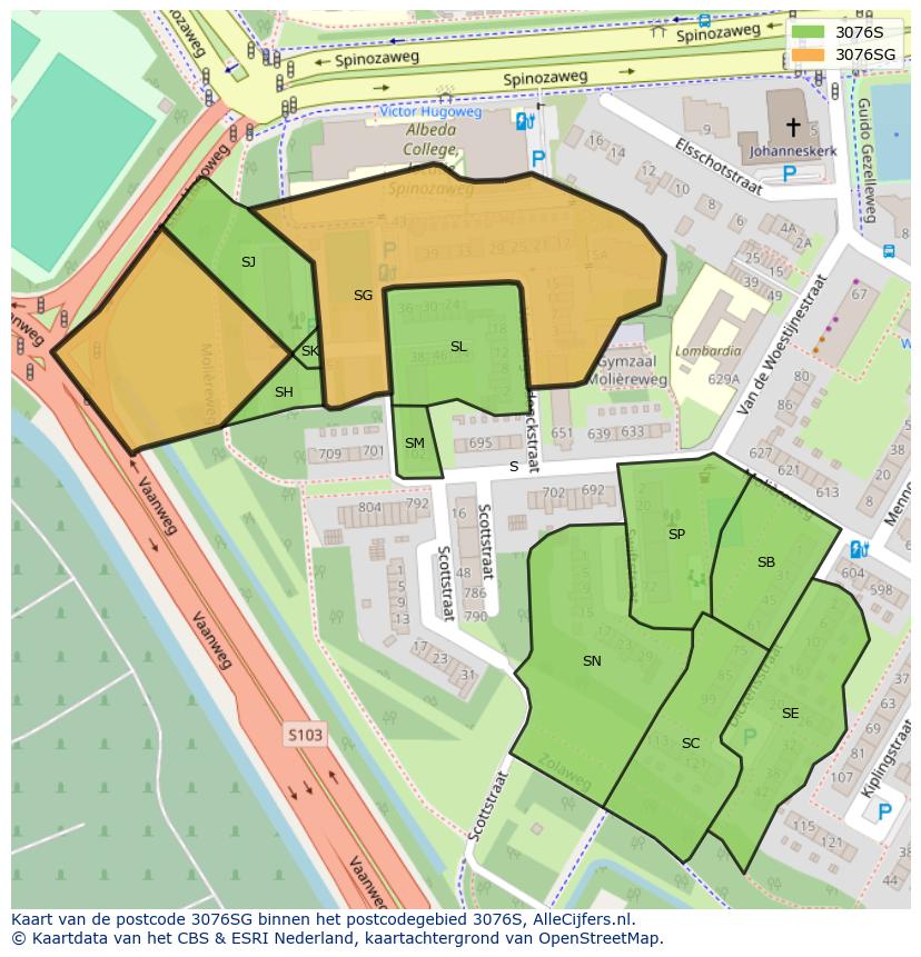 Afbeelding van het postcodegebied 3076 SG op de kaart.