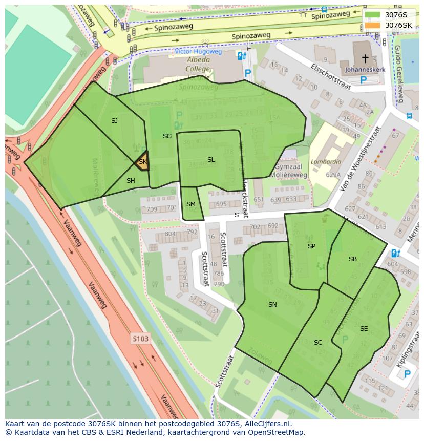 Afbeelding van het postcodegebied 3076 SK op de kaart.