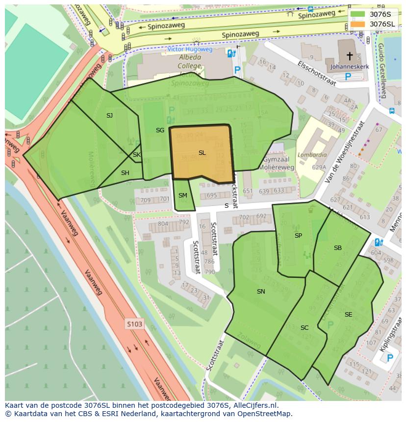 Afbeelding van het postcodegebied 3076 SL op de kaart.