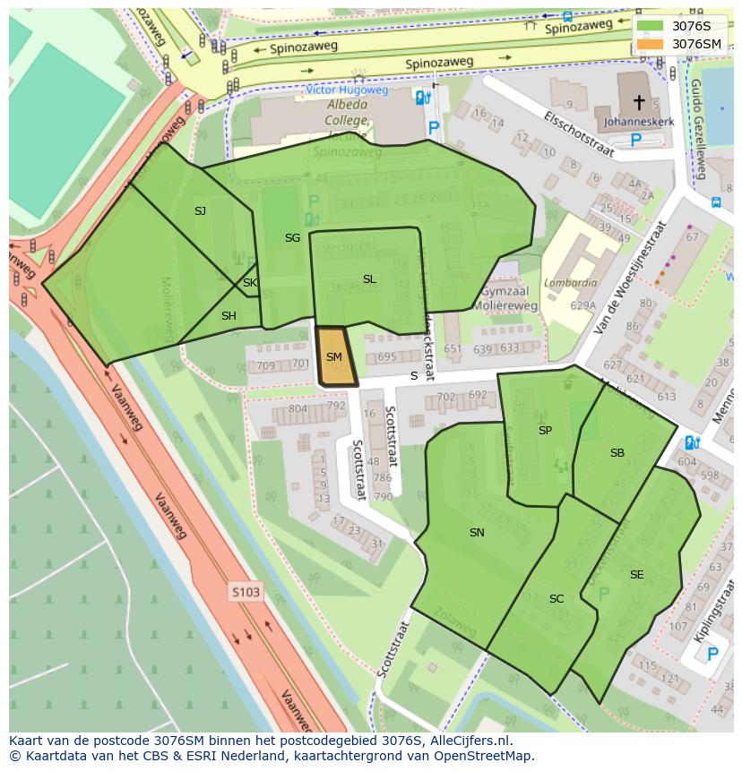 Afbeelding van het postcodegebied 3076 SM op de kaart.