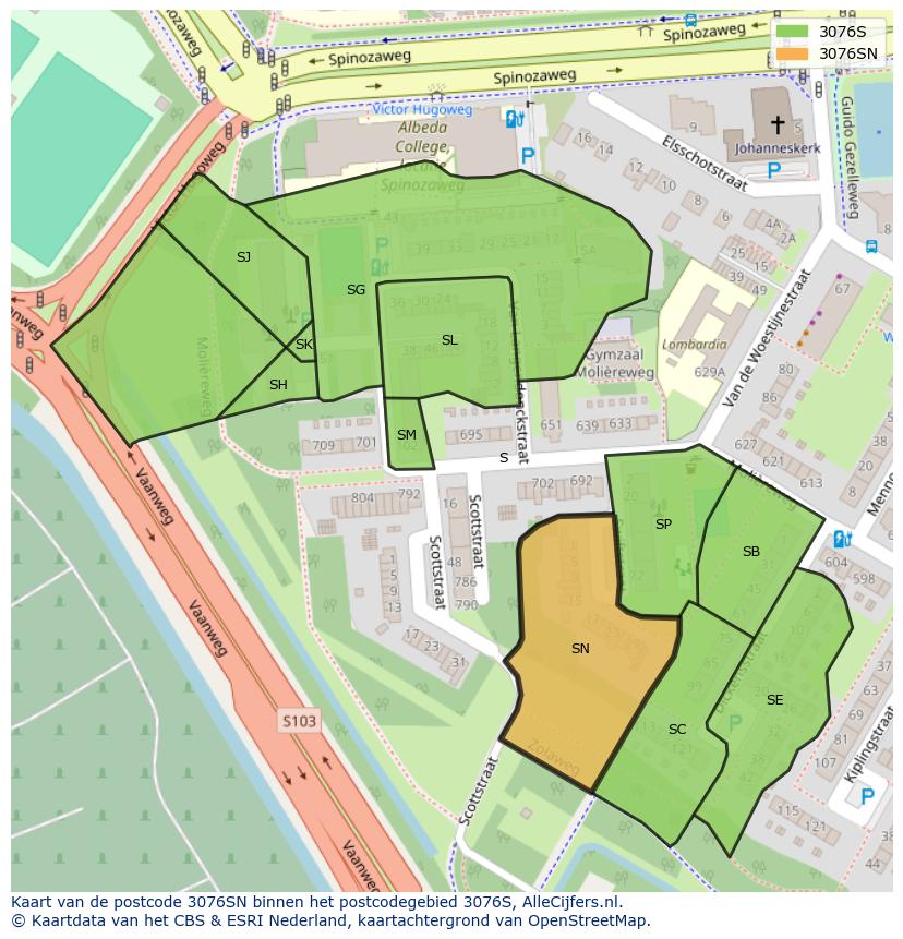 Afbeelding van het postcodegebied 3076 SN op de kaart.