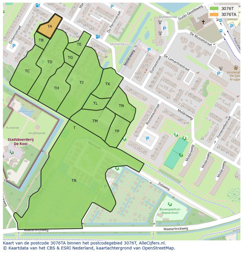 Afbeelding van het postcodegebied 3076 TA op de kaart.