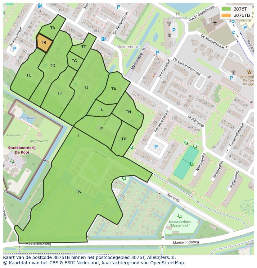 Afbeelding van het postcodegebied 3076 TB op de kaart.