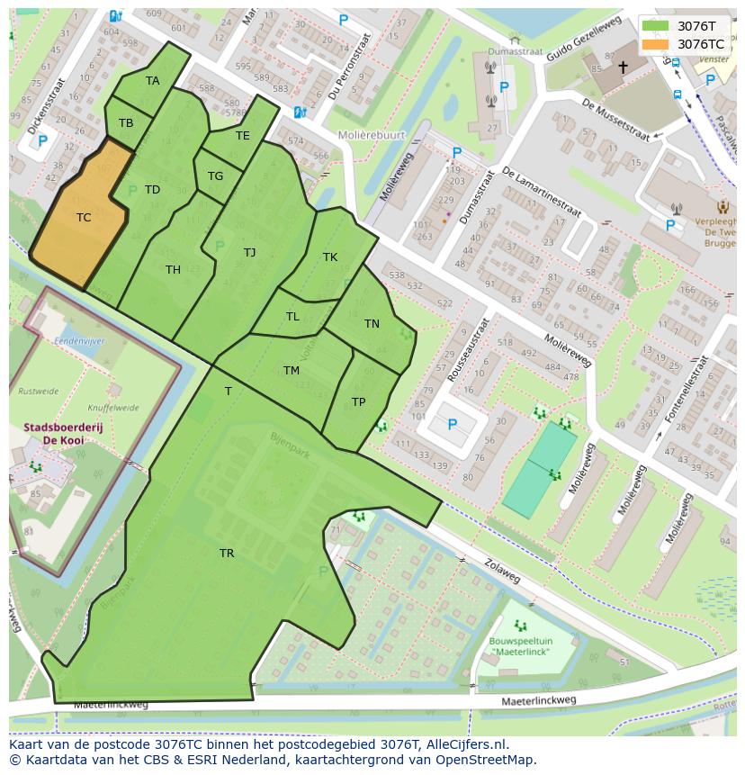 Afbeelding van het postcodegebied 3076 TC op de kaart.