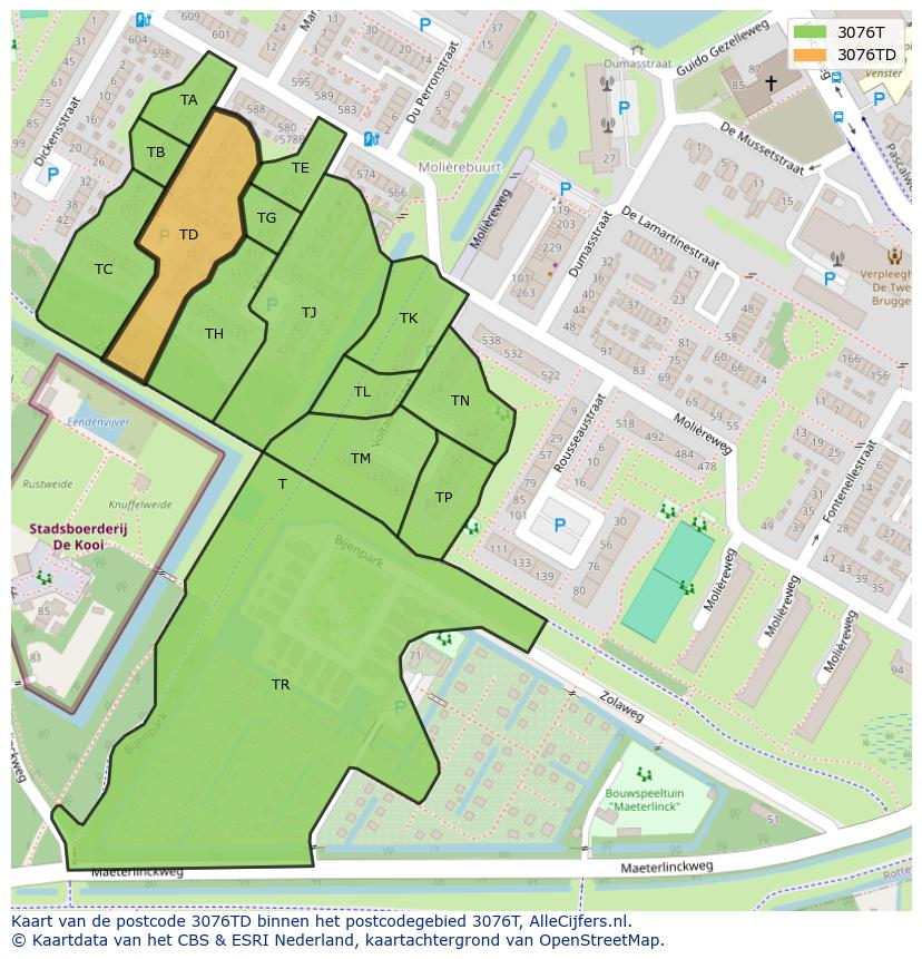 Afbeelding van het postcodegebied 3076 TD op de kaart.