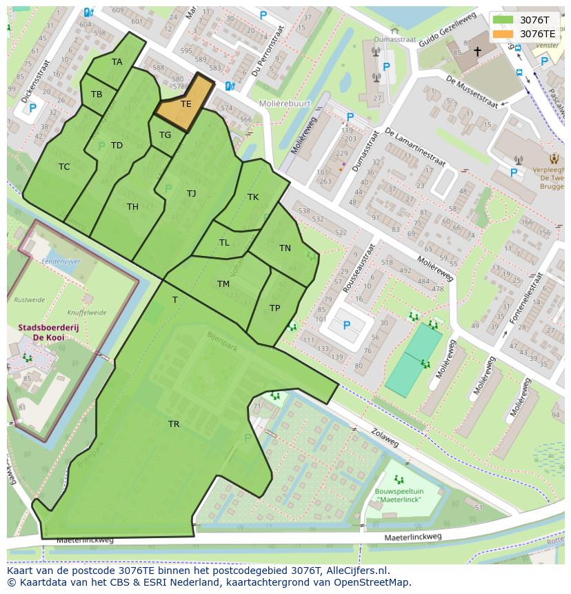 Afbeelding van het postcodegebied 3076 TE op de kaart.