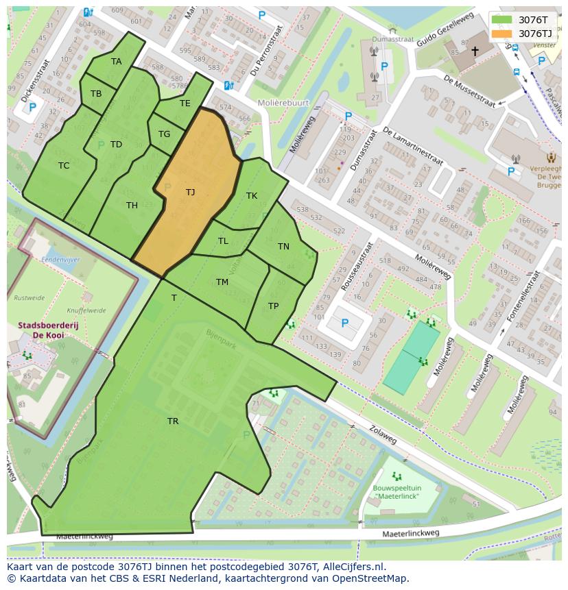 Afbeelding van het postcodegebied 3076 TJ op de kaart.
