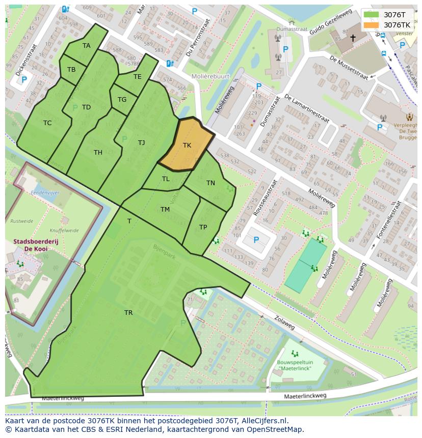 Afbeelding van het postcodegebied 3076 TK op de kaart.