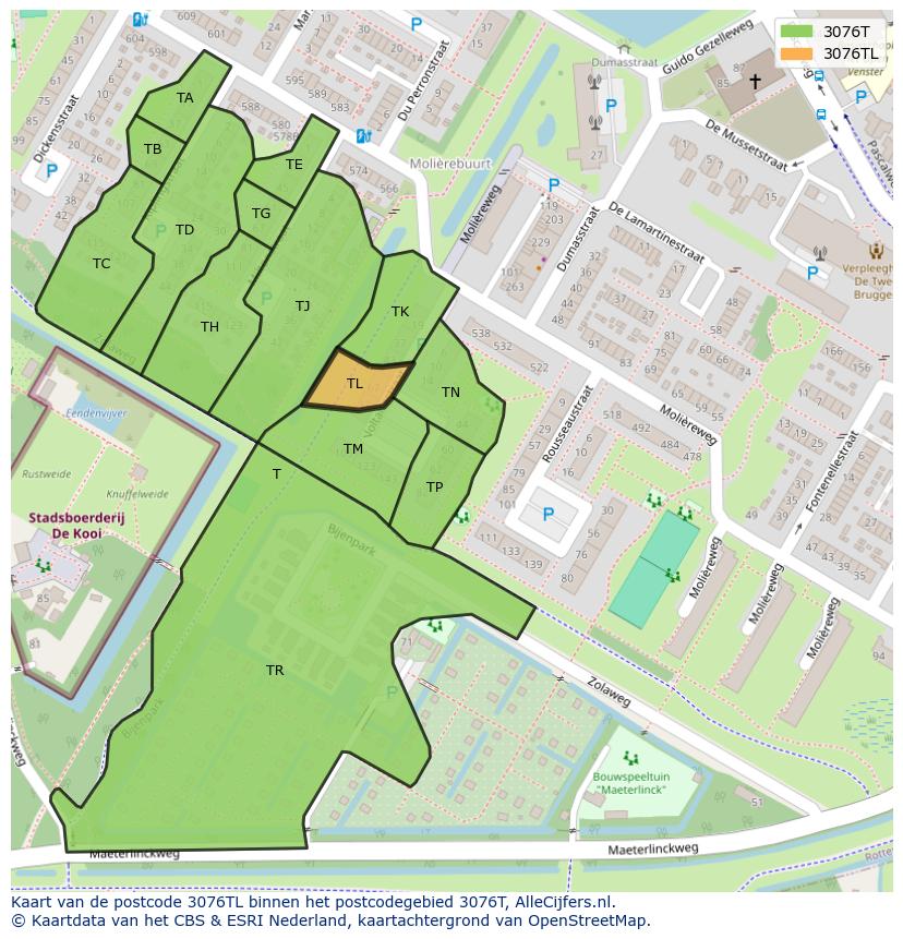 Afbeelding van het postcodegebied 3076 TL op de kaart.