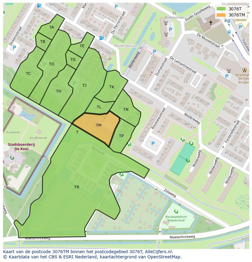 Afbeelding van het postcodegebied 3076 TM op de kaart.