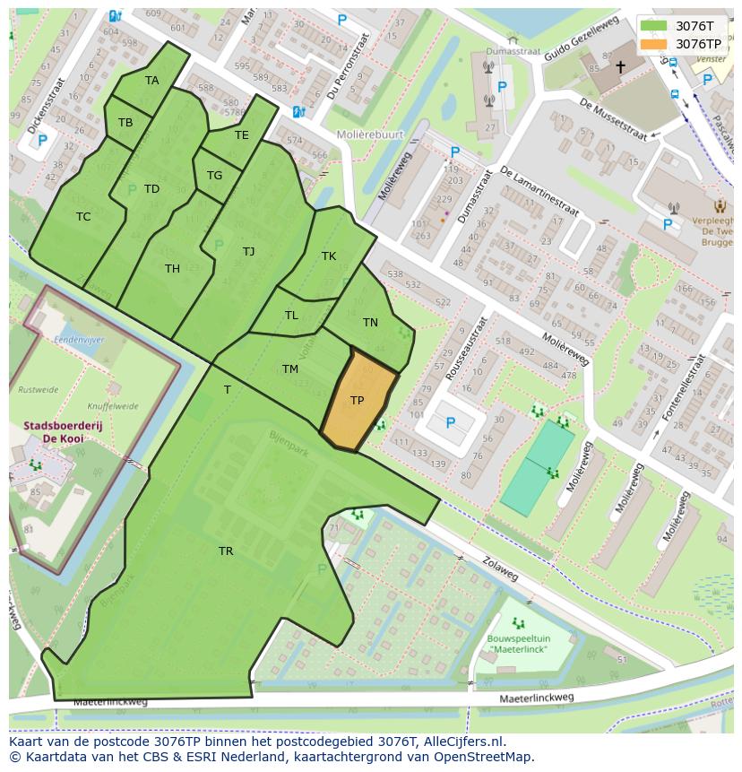 Afbeelding van het postcodegebied 3076 TP op de kaart.