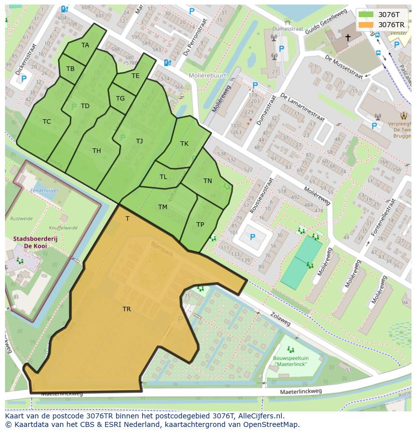 Afbeelding van het postcodegebied 3076 TR op de kaart.