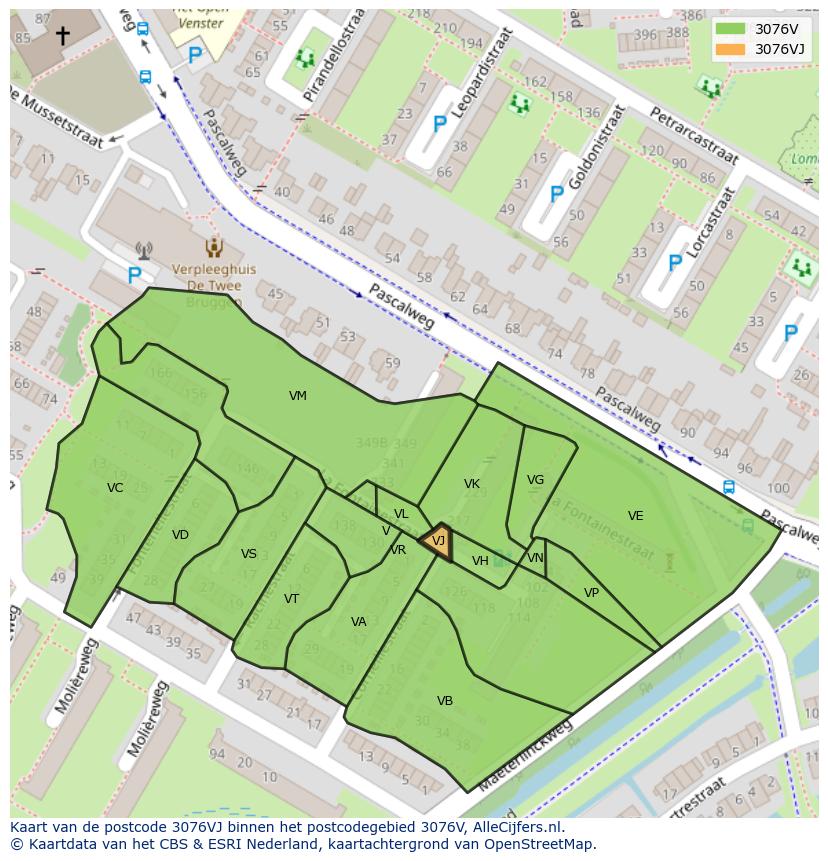 Afbeelding van het postcodegebied 3076 VJ op de kaart.
