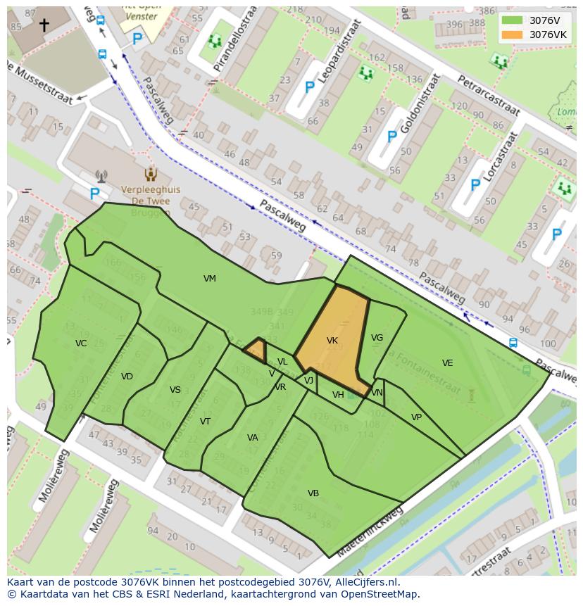 Afbeelding van het postcodegebied 3076 VK op de kaart.