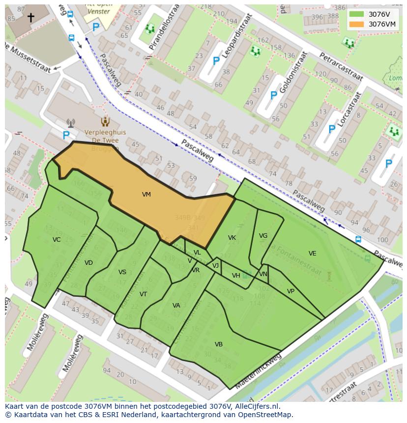 Afbeelding van het postcodegebied 3076 VM op de kaart.