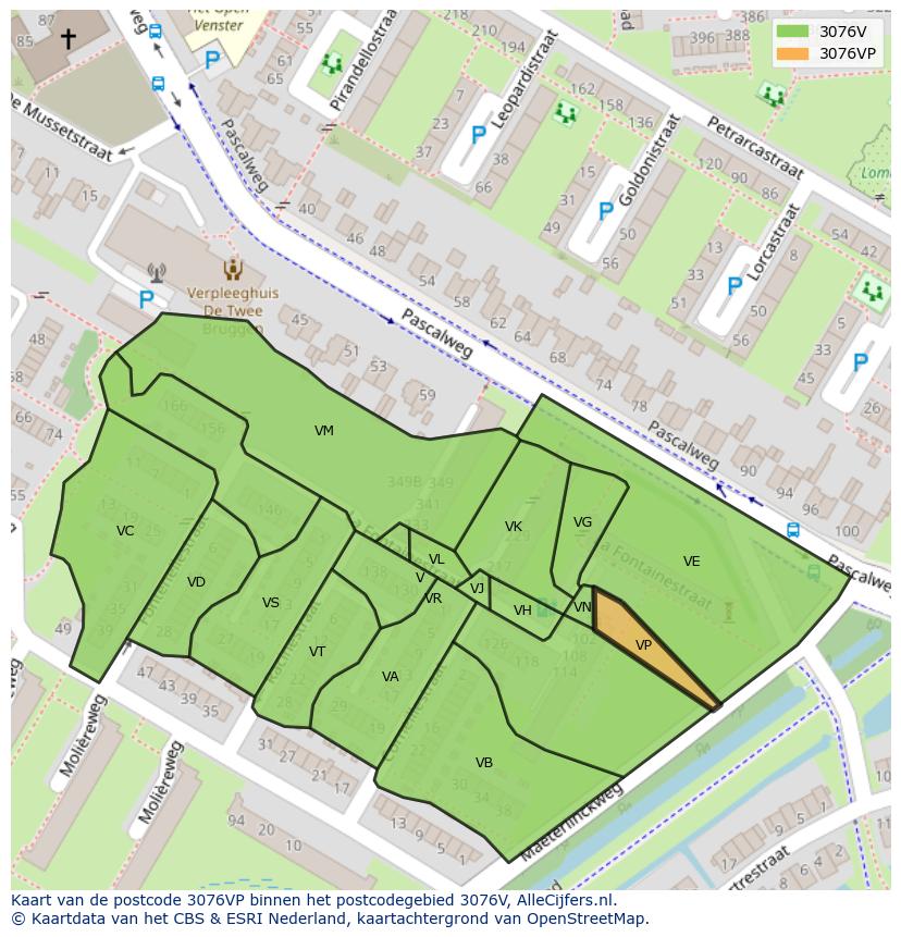 Afbeelding van het postcodegebied 3076 VP op de kaart.