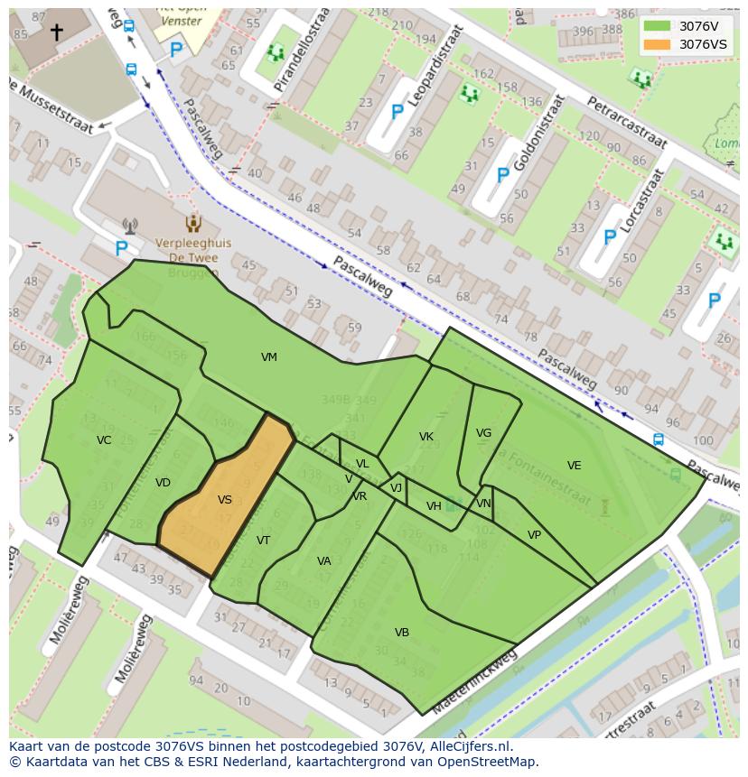 Afbeelding van het postcodegebied 3076 VS op de kaart.