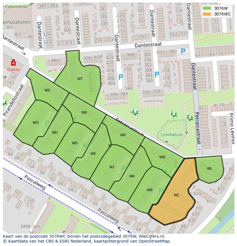 Afbeelding van het postcodegebied 3076 WC op de kaart.