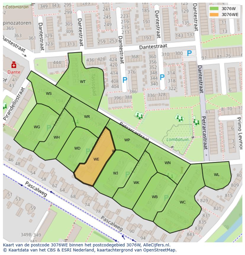 Afbeelding van het postcodegebied 3076 WE op de kaart.