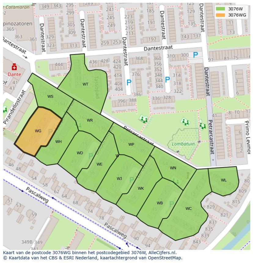Afbeelding van het postcodegebied 3076 WG op de kaart.