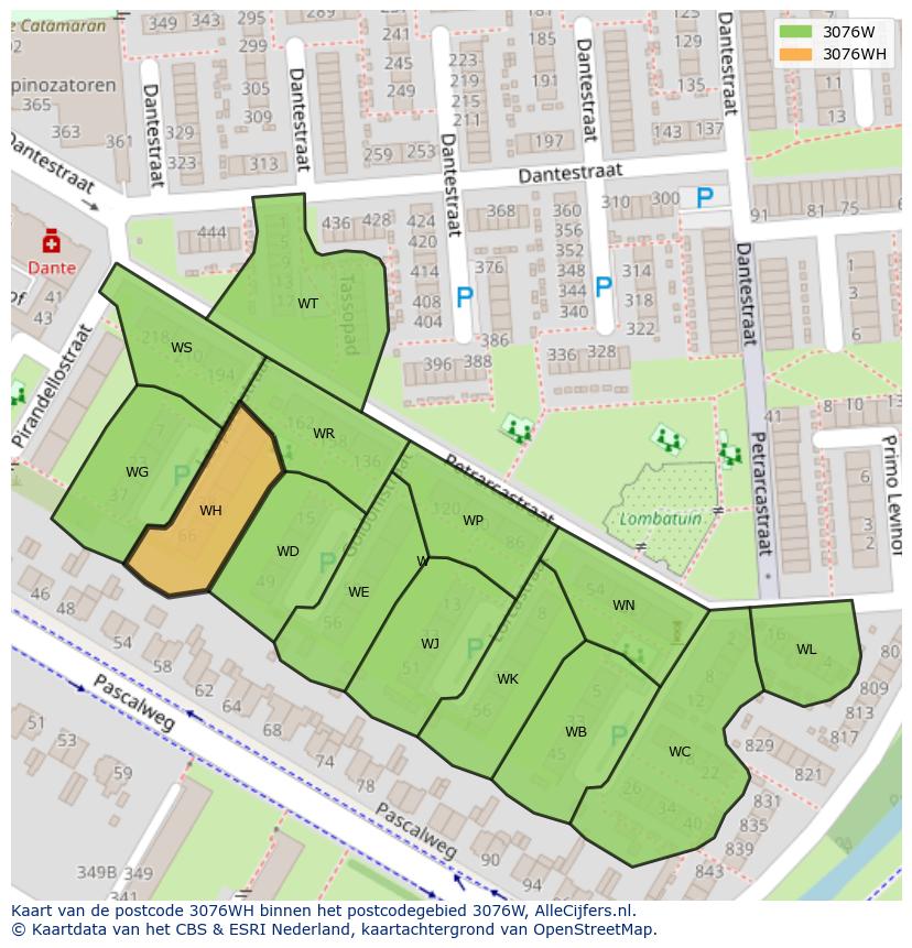 Afbeelding van het postcodegebied 3076 WH op de kaart.