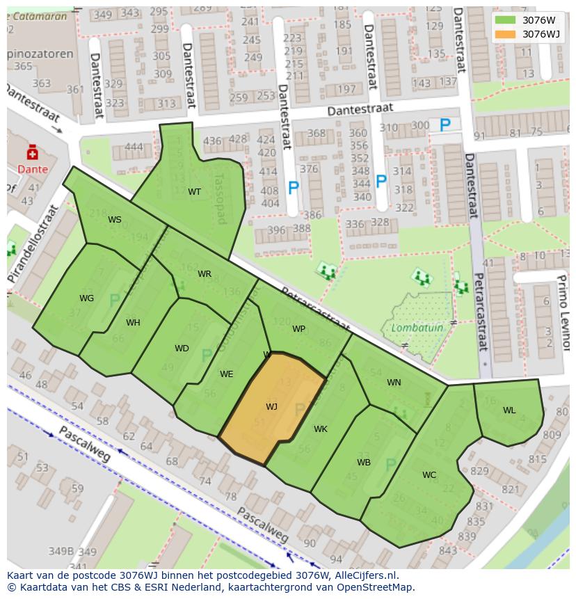 Afbeelding van het postcodegebied 3076 WJ op de kaart.