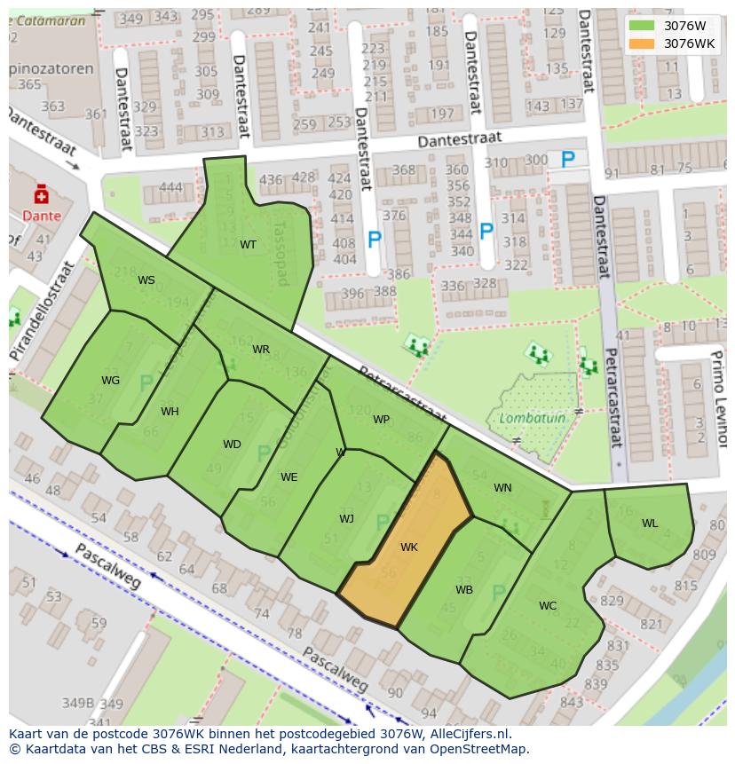 Afbeelding van het postcodegebied 3076 WK op de kaart.