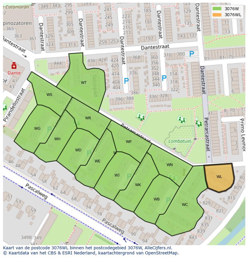 Afbeelding van het postcodegebied 3076 WL op de kaart.
